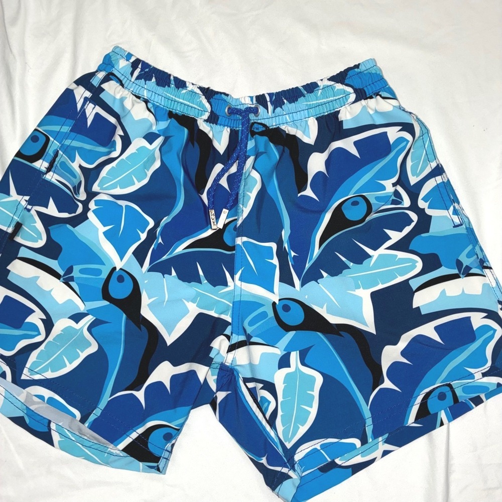 MKS Swim Trunks‎ Mens Small Blue Tropical Leaf Print Board Shorts Beachwear